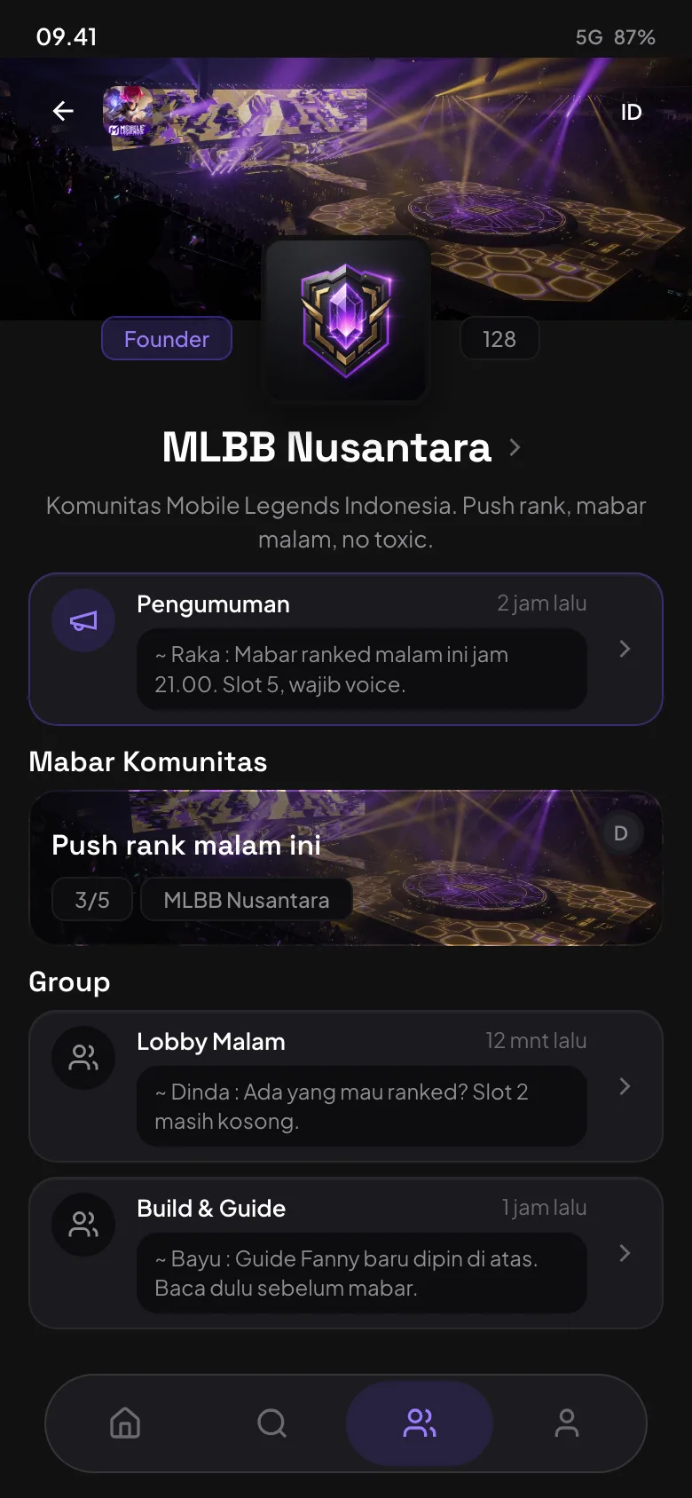 Halaman detail komunitas MLBB Nusantara di ponsel: pengumuman, sesi mabar, dan grup chat.