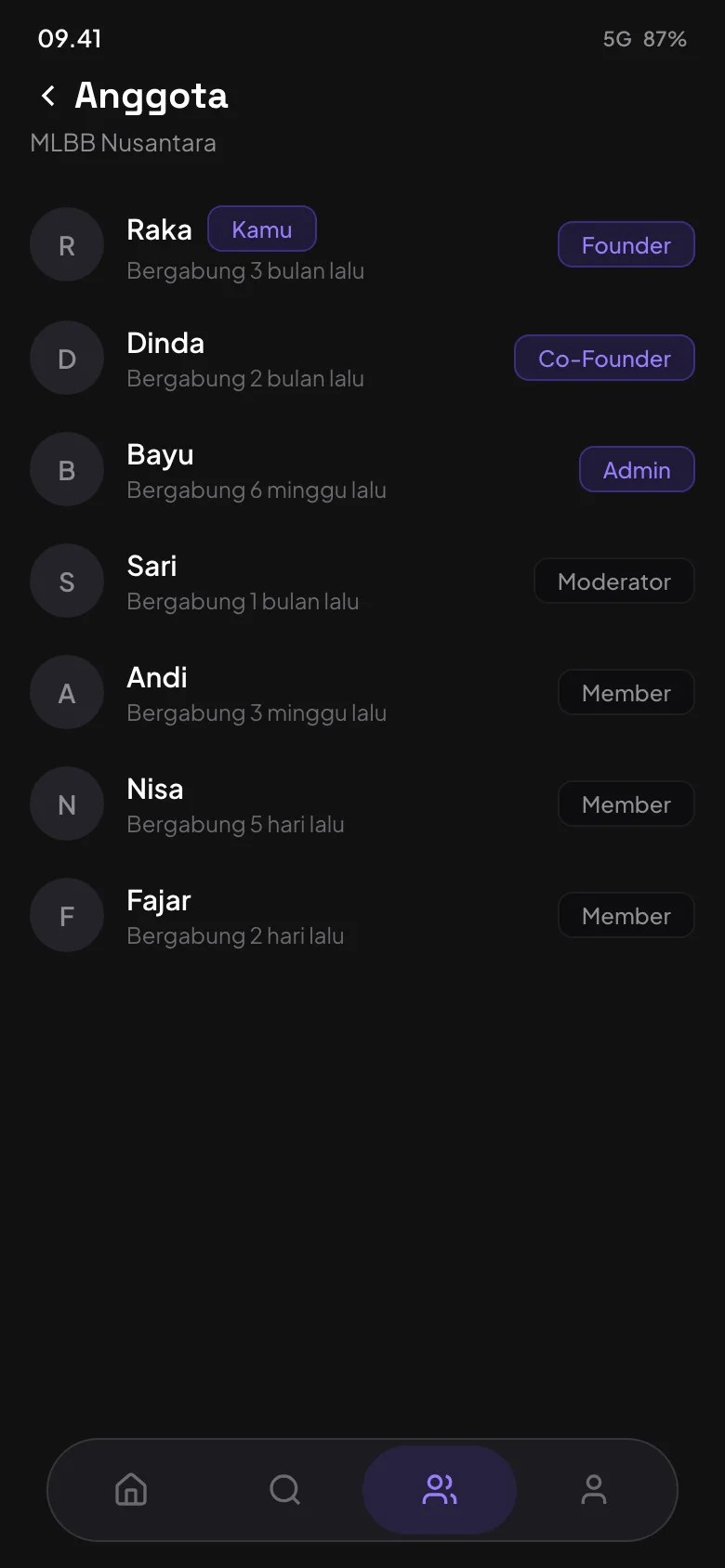 Daftar anggota komunitas MLBB Nusantara di ponsel, dari Founder sampai Member.