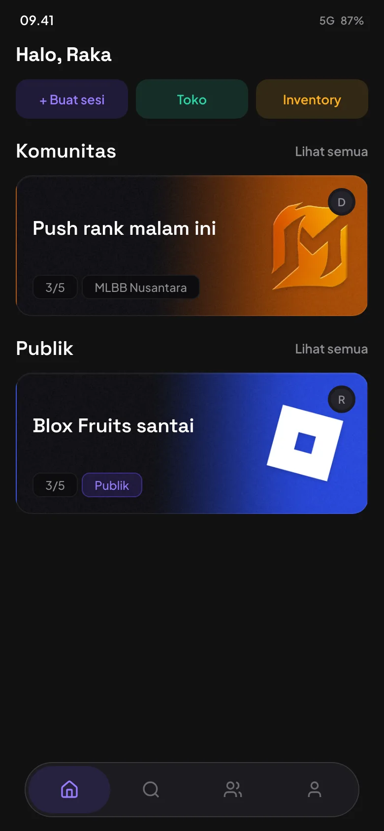 Tampilan beranda FexArena di ponsel: kartu sesi Komunitas dan Publik dengan banner Roblox dan Mobile Legends.