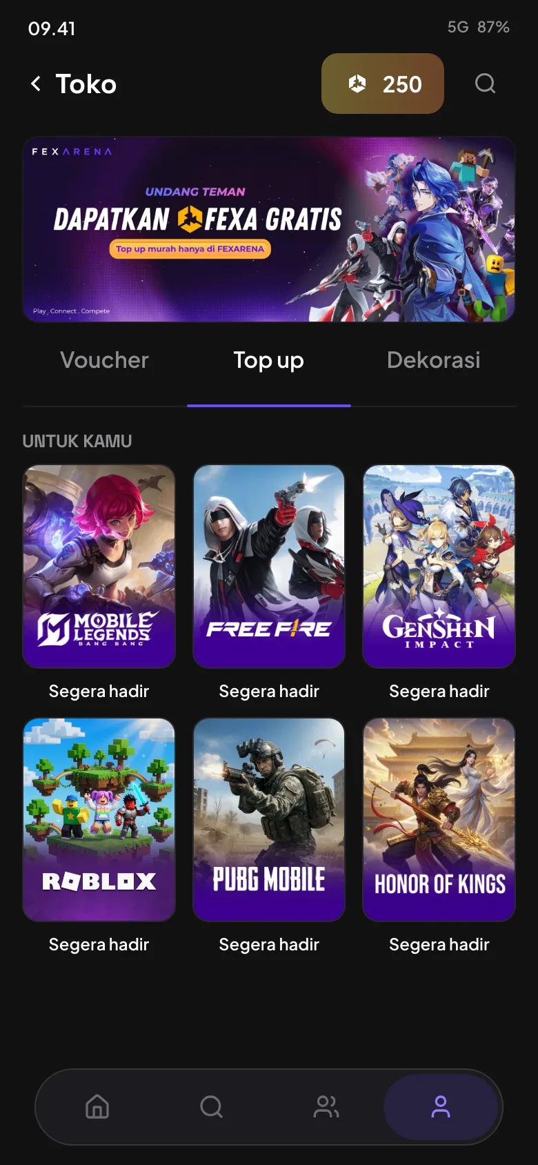 Halaman Toko FexArena di ponsel: tab Top up dengan kartu game Mobile Legends, Free Fire, Genshin, Roblox, PUBG, Honor of Kings.