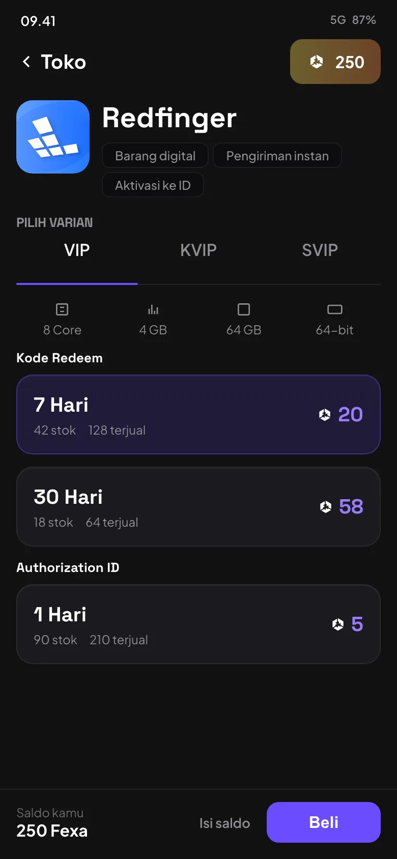 Halaman merek Redfinger di Toko: paket VIP 7 hari dan 30 hari, Authorization ID 1 hari, tombol Beli.
